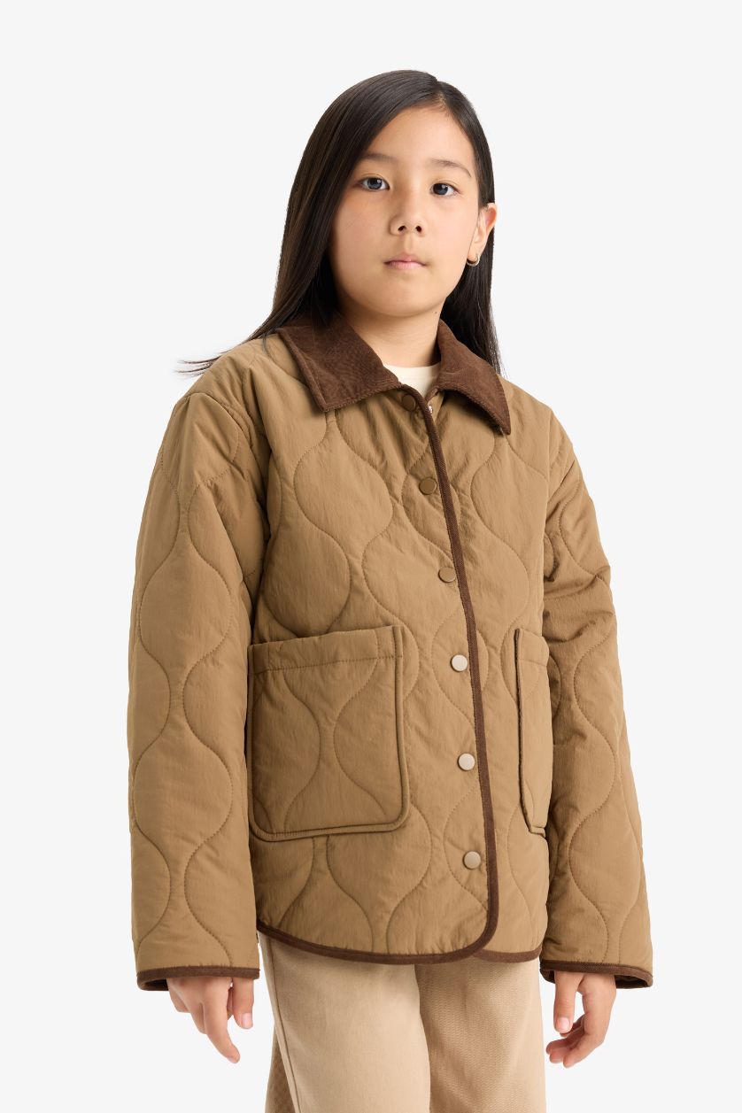 Girls & Teens Light Brown Girl Windproof Quilted Contrast Collar Jacket