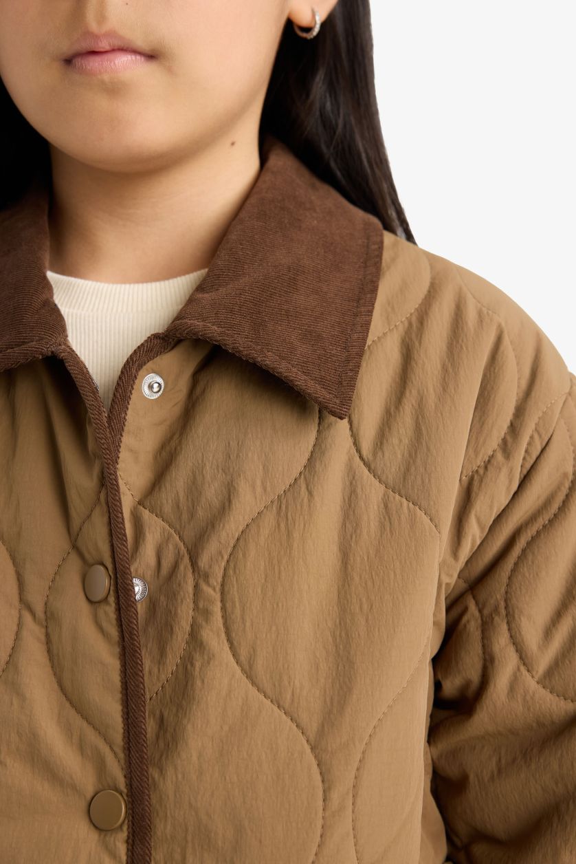 Girls & Teens Light Brown Girl Windproof Quilted Contrast Collar Jacket