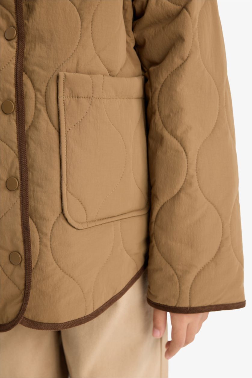 Girls & Teens Light Brown Girl Windproof Quilted Contrast Collar Jacket