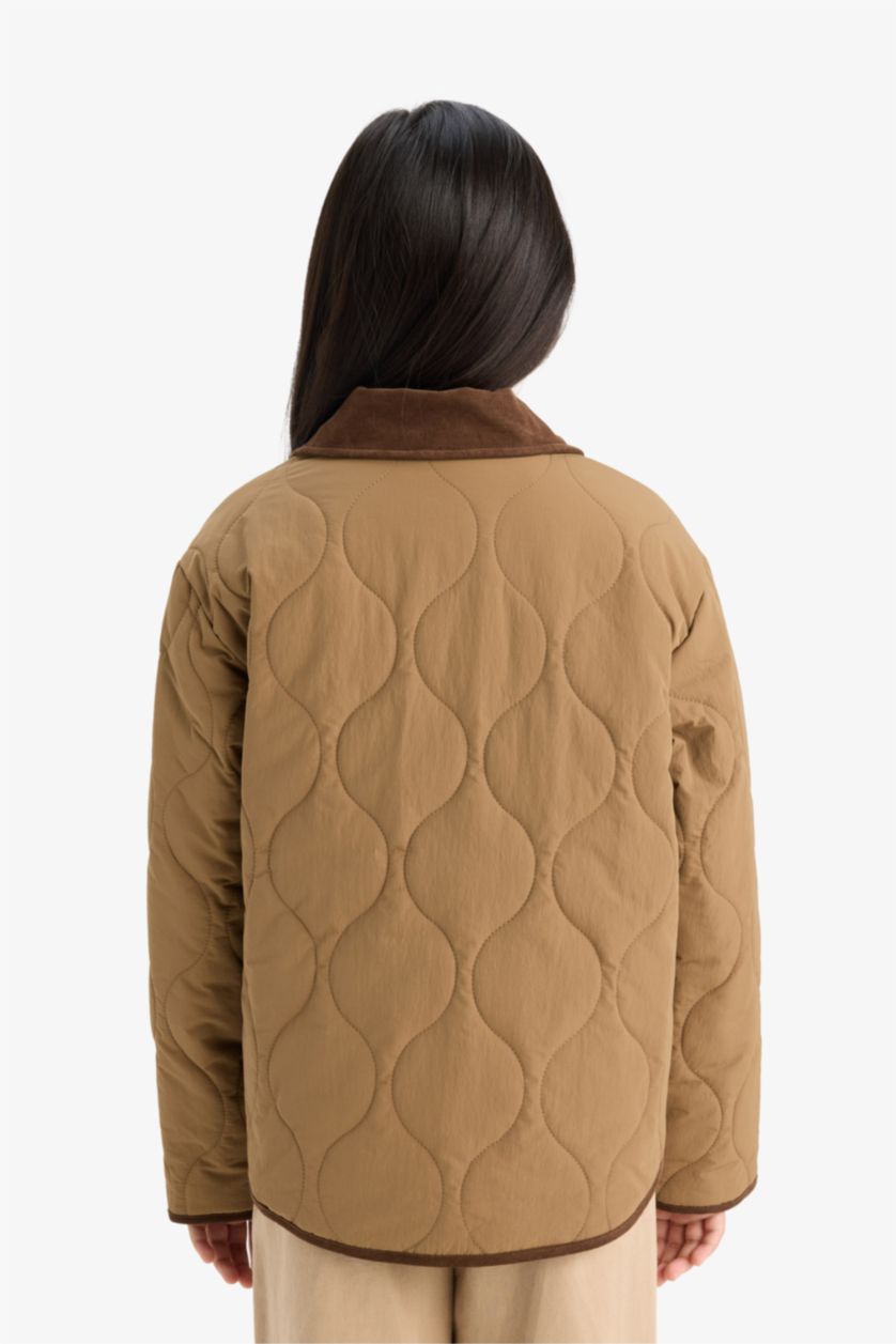 Girls & Teens Light Brown Girl Windproof Quilted Contrast Collar Jacket