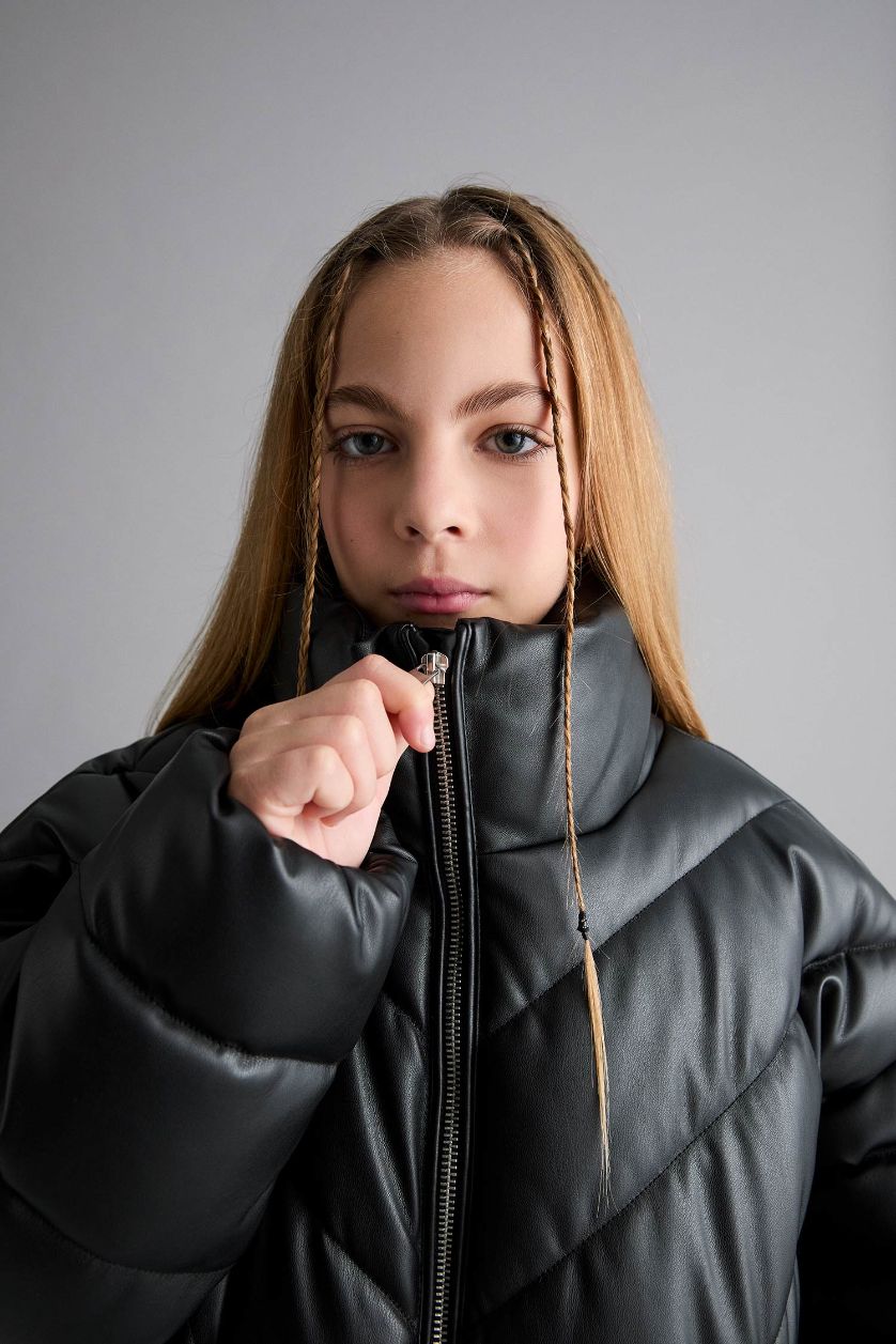 Kız Çocuk - Genç Kız Siyah Dik Yaka Fermuarlı Şişme Mont Kız Çocuk