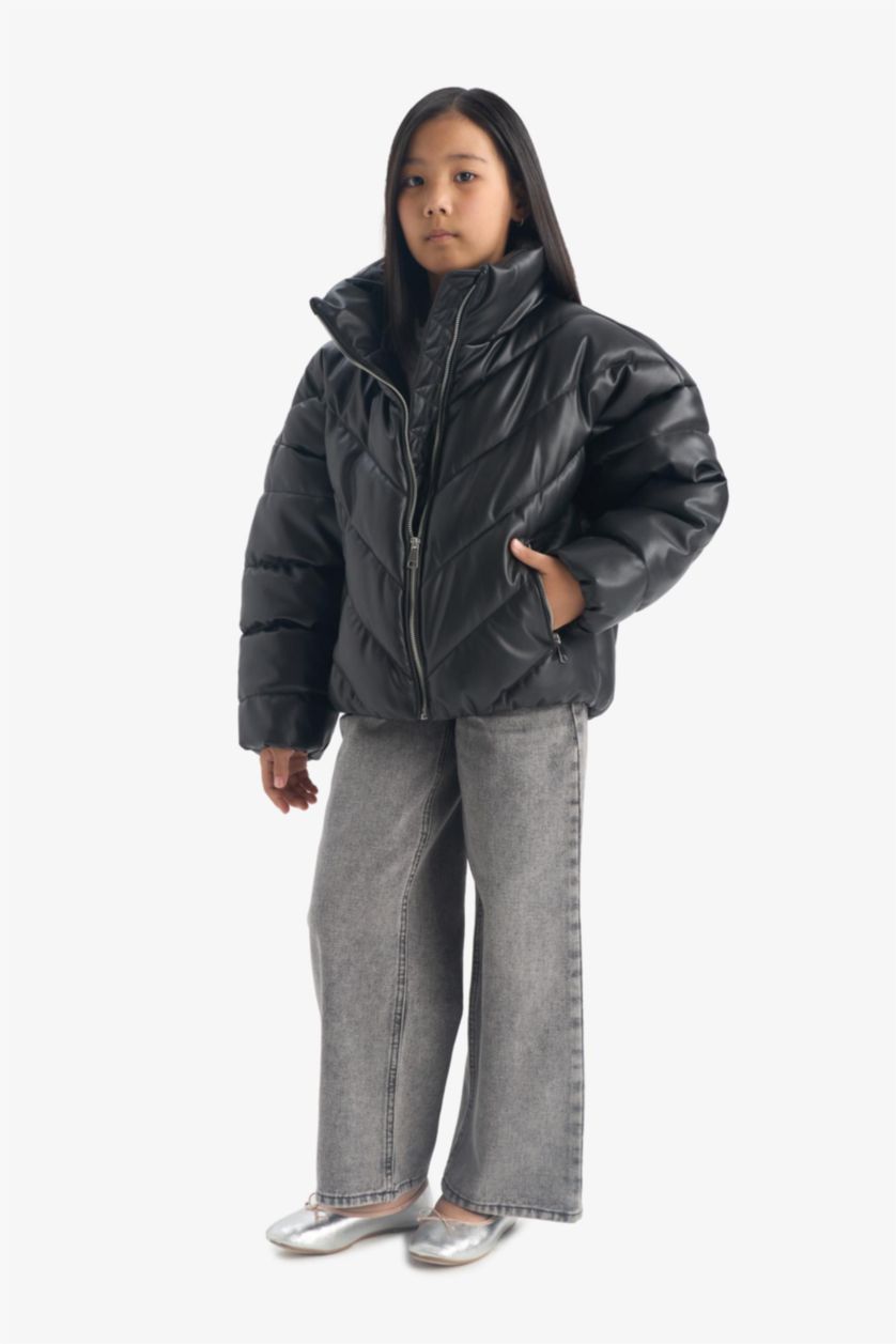 Kız Çocuk - Genç Kız Siyah Dik Yaka Fermuarlı Şişme Mont Kız Çocuk