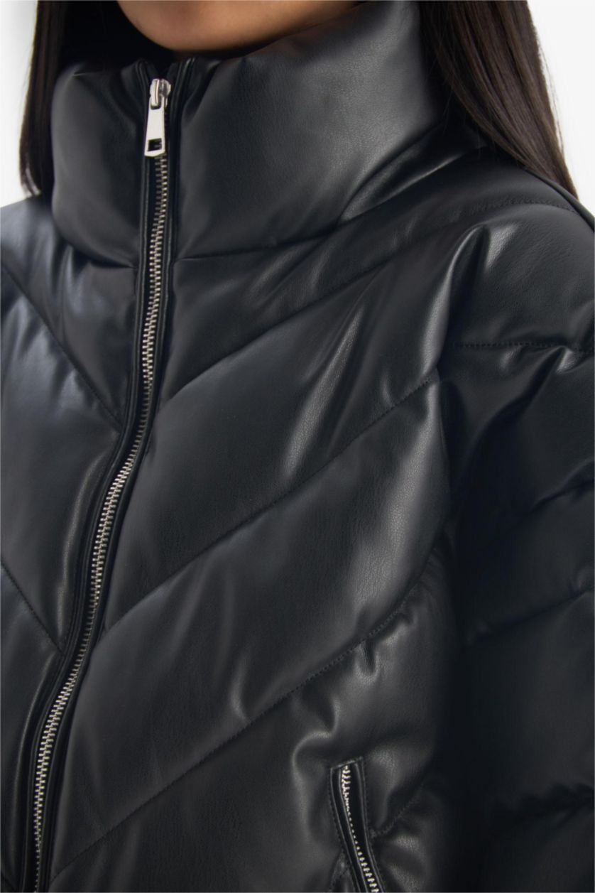 Kız Çocuk - Genç Kız Siyah Dik Yaka Fermuarlı Şişme Mont Kız Çocuk