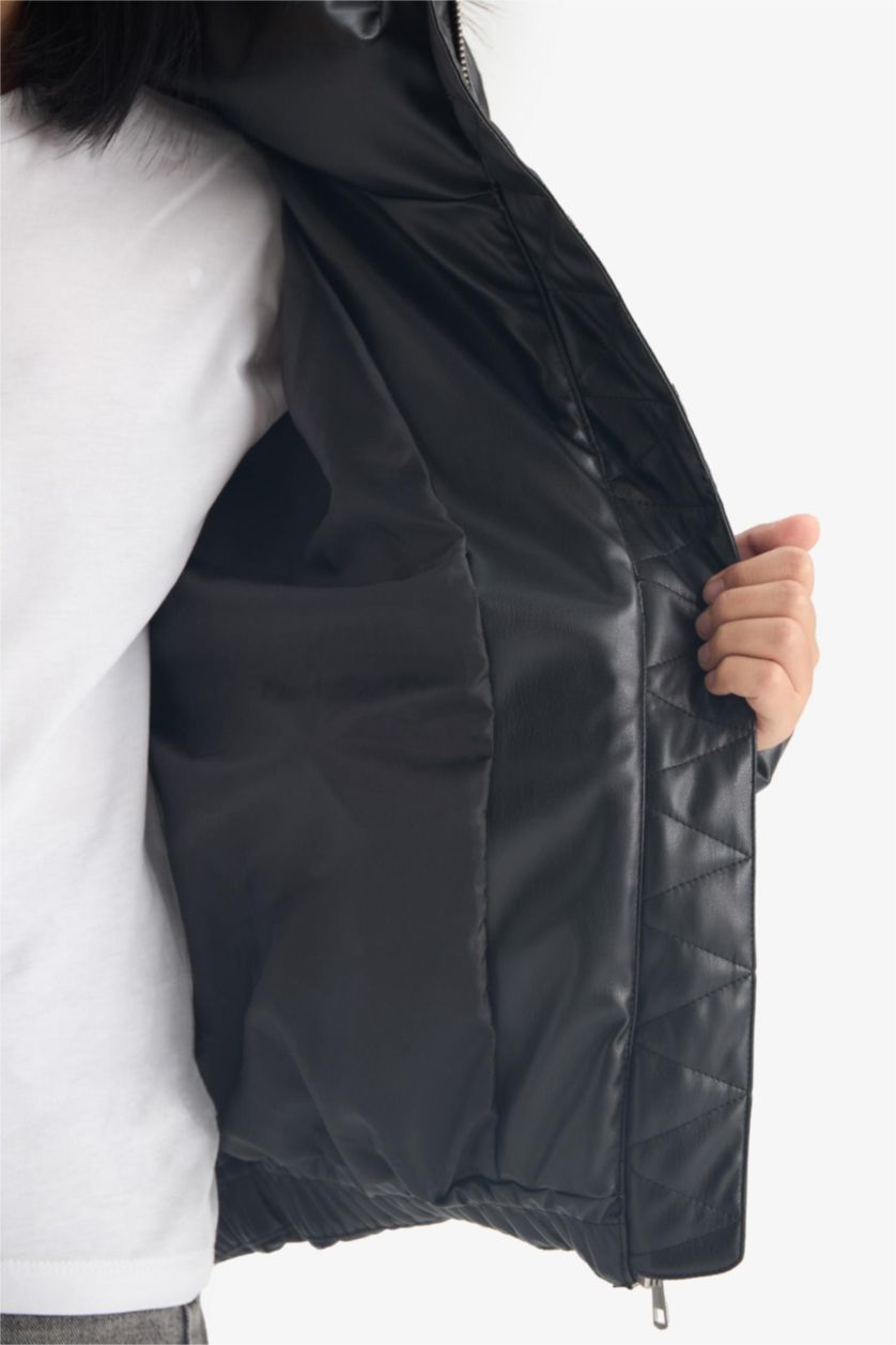 Kız Çocuk - Genç Kız Siyah Dik Yaka Fermuarlı Şişme Mont Kız Çocuk