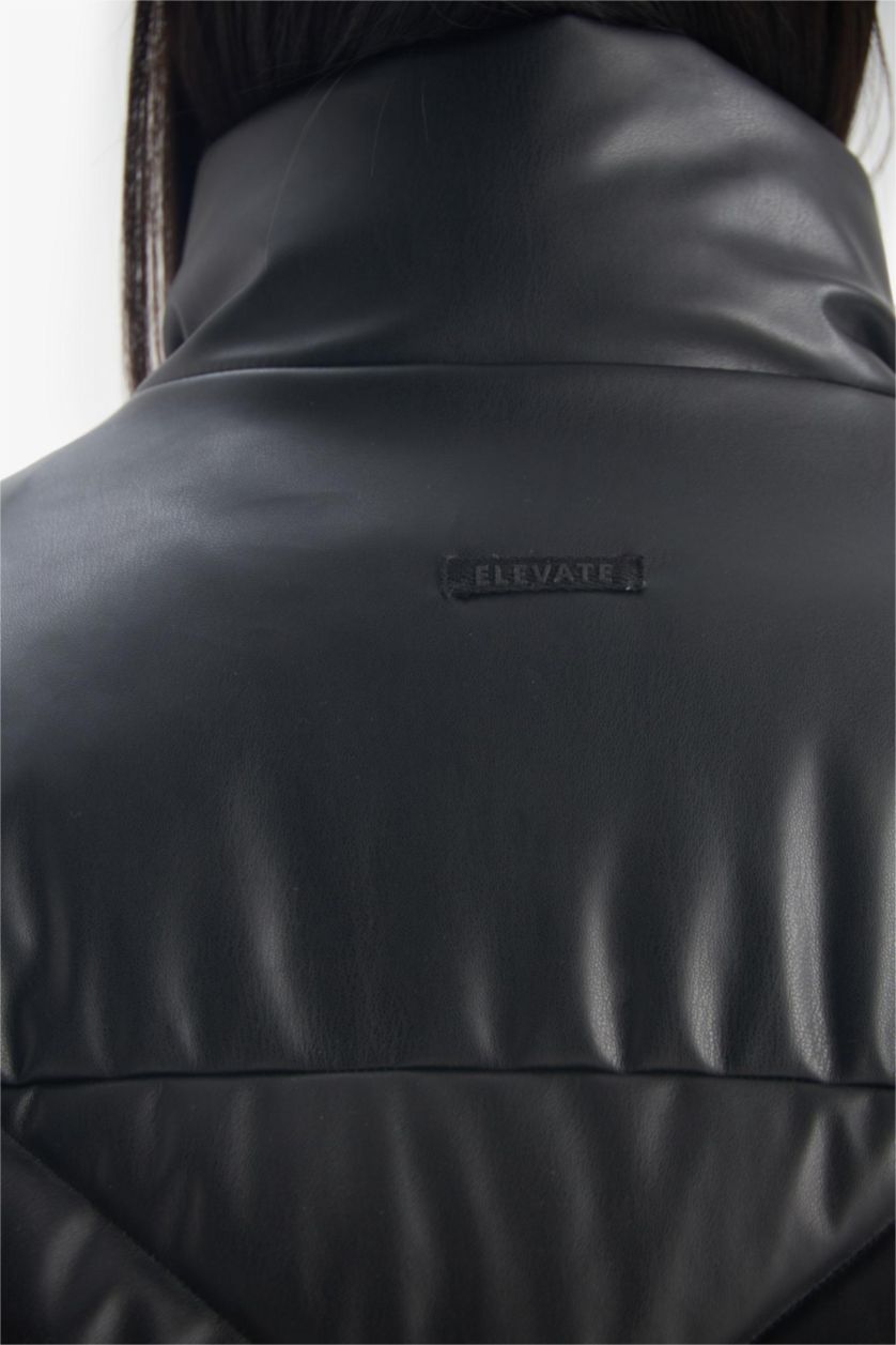 Kız Çocuk - Genç Kız Siyah Dik Yaka Fermuarlı Şişme Mont Kız Çocuk