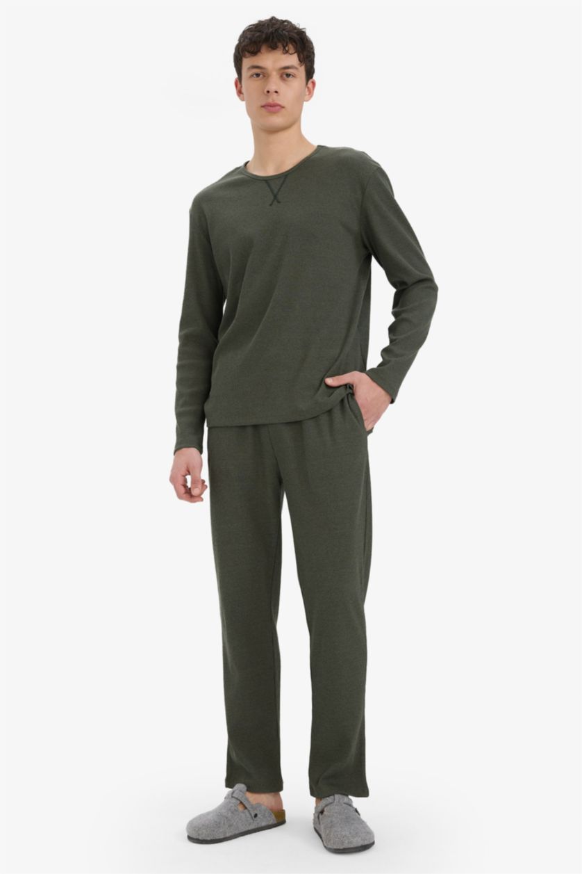 Erkek Yeşil Pijama Takımı Bisiklet Yaka Fitilli Kaşkorse Uzun Kollu Üst Beli Lastikli Uzun Alt