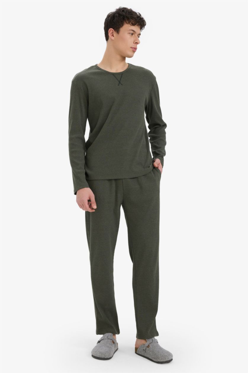 Erkek Yeşil Pijama Takımı Bisiklet Yaka Fitilli Kaşkorse Uzun Kollu Üst Beli Lastikli Uzun Alt