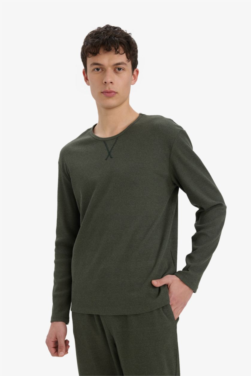 Erkek Yeşil Pijama Takımı Bisiklet Yaka Fitilli Kaşkorse Uzun Kollu Üst Beli Lastikli Uzun Alt