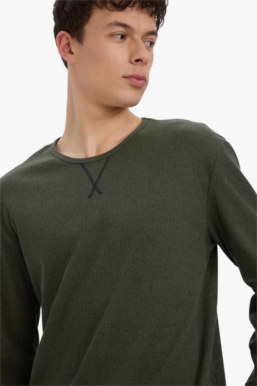 Erkek Yeşil Pijama Takımı Bisiklet Yaka Fitilli Kaşkorse Uzun Kollu Üst Beli Lastikli Uzun Alt