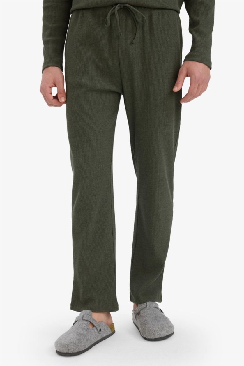 Erkek Yeşil Pijama Takımı Bisiklet Yaka Fitilli Kaşkorse Uzun Kollu Üst Beli Lastikli Uzun Alt