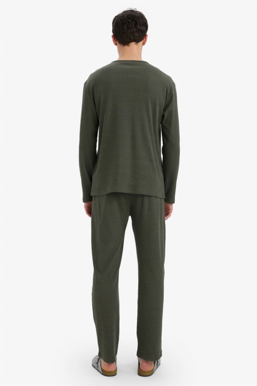 Erkek Yeşil Pijama Takımı Bisiklet Yaka Fitilli Kaşkorse Uzun Kollu Üst Beli Lastikli Uzun Alt
