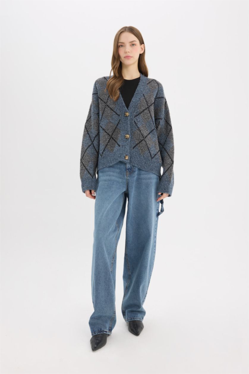 Kadın Lacivert Regular Fit V Yaka Baklava Desen Düğmeli Triko Hırka