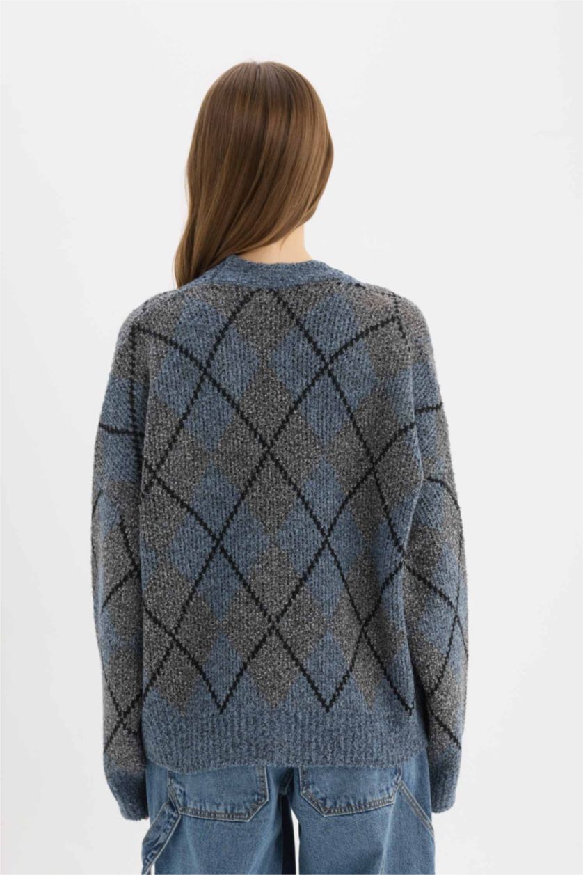 Kadın Lacivert Regular Fit V Yaka Baklava Desen Düğmeli Triko Hırka