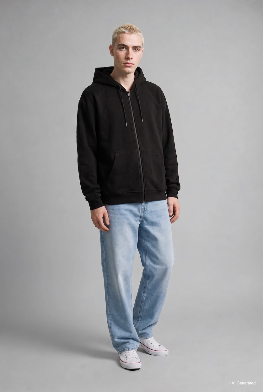 Erkek Siyah Sıcak Tutan Boxy Fit Kapüşonlu Fermuarlı Polar Basic Sweatshirt
