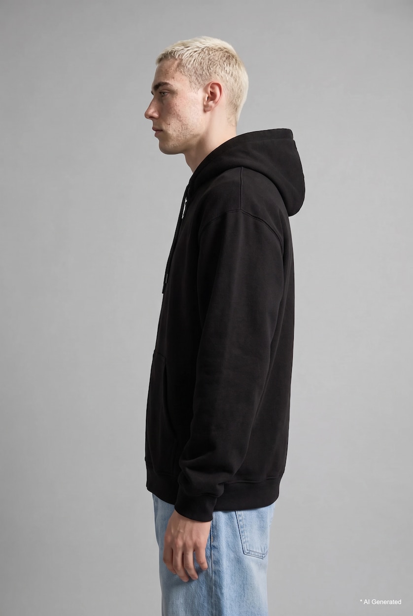 Erkek Siyah Sıcak Tutan Boxy Fit Kapüşonlu Fermuarlı Polar Basic Sweatshirt