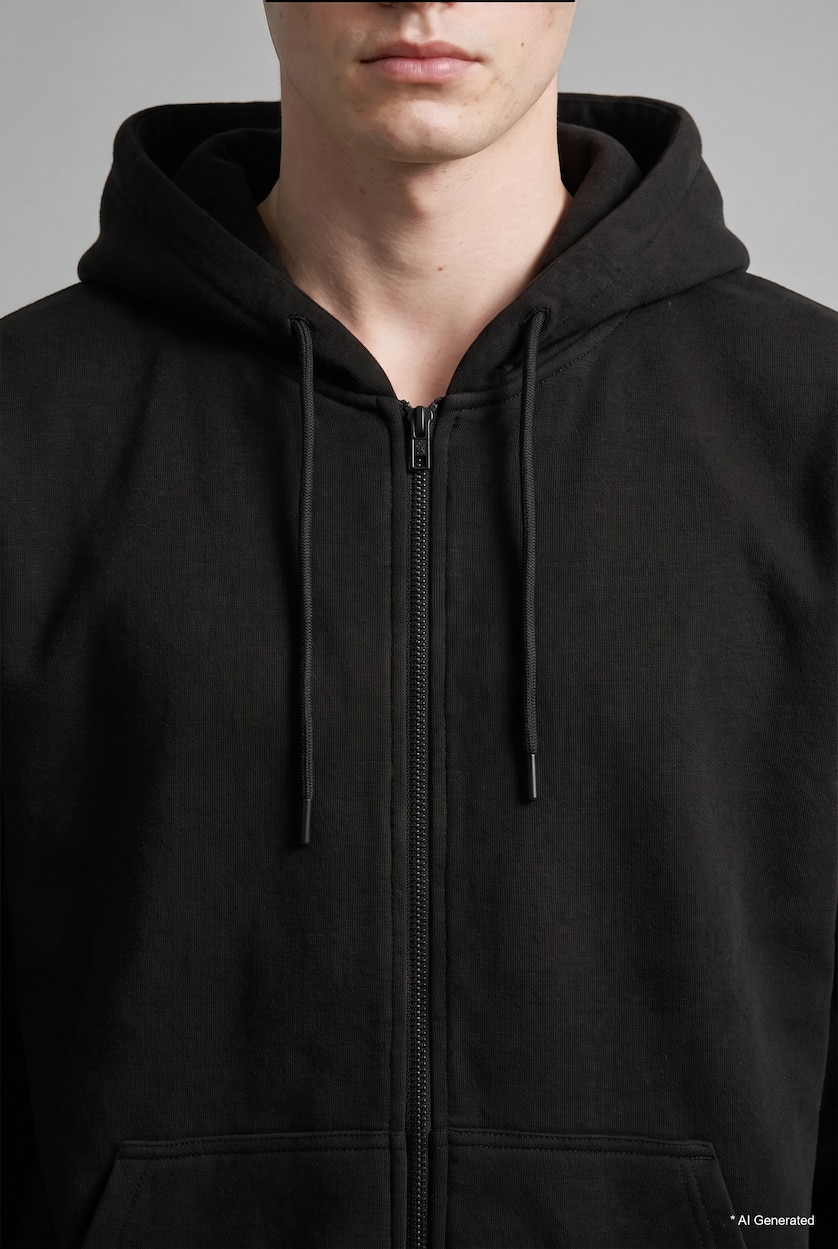 Erkek Siyah Sıcak Tutan Boxy Fit Kapüşonlu Fermuarlı Polar Basic Sweatshirt