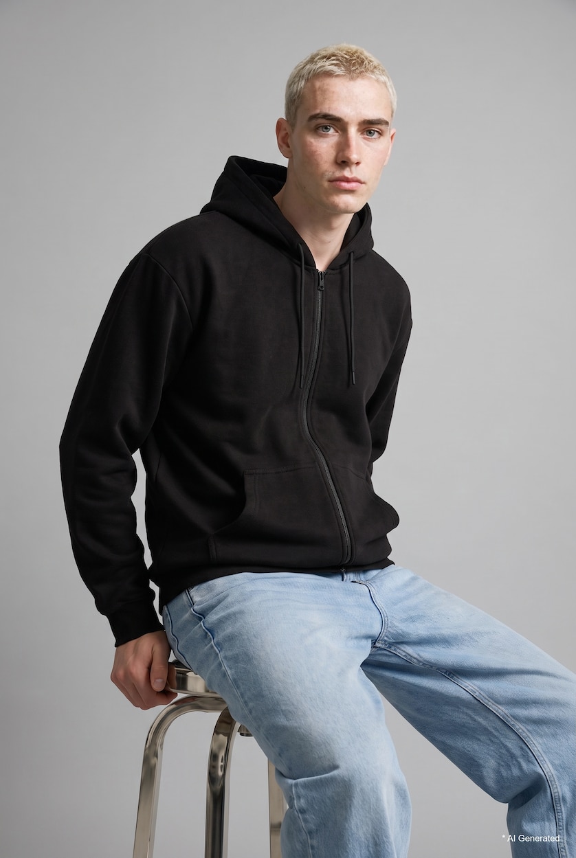 Erkek Siyah Sıcak Tutan Boxy Fit Kapüşonlu Fermuarlı Polar Basic Sweatshirt