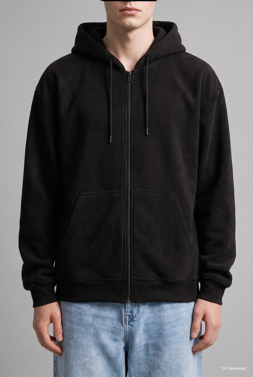 Erkek Siyah Sıcak Tutan Boxy Fit Kapüşonlu Fermuarlı Polar Basic Sweatshirt
