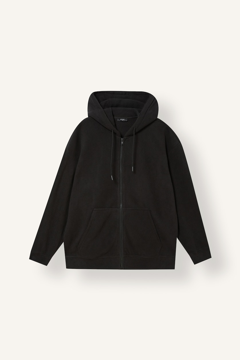 Erkek Siyah Sıcak Tutan Boxy Fit Kapüşonlu Fermuarlı Polar Basic Sweatshirt