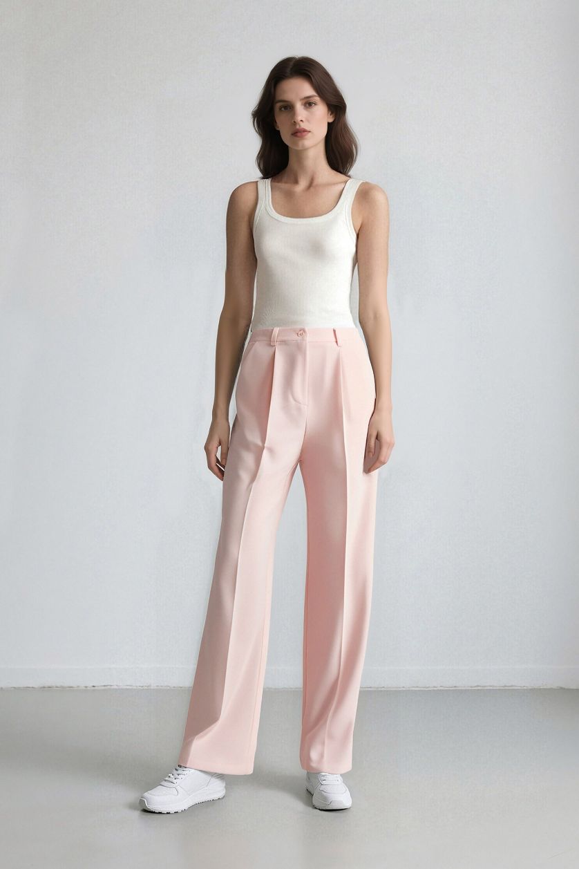 FEMME Rose Clair Pantalon palazzo large en crêpe taille haute avec poches Afra x Defacto