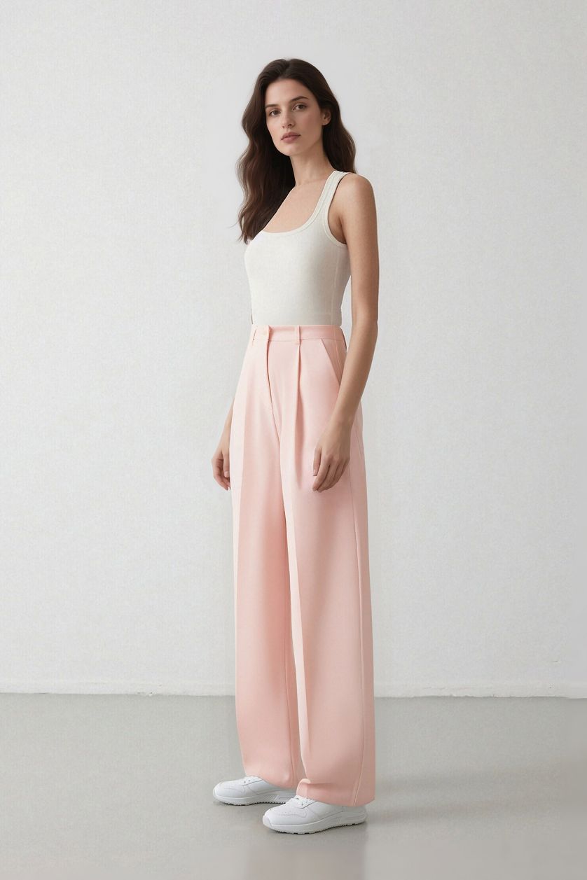 FEMME Rose Clair Pantalon palazzo large en crêpe taille haute avec poches Afra x Defacto