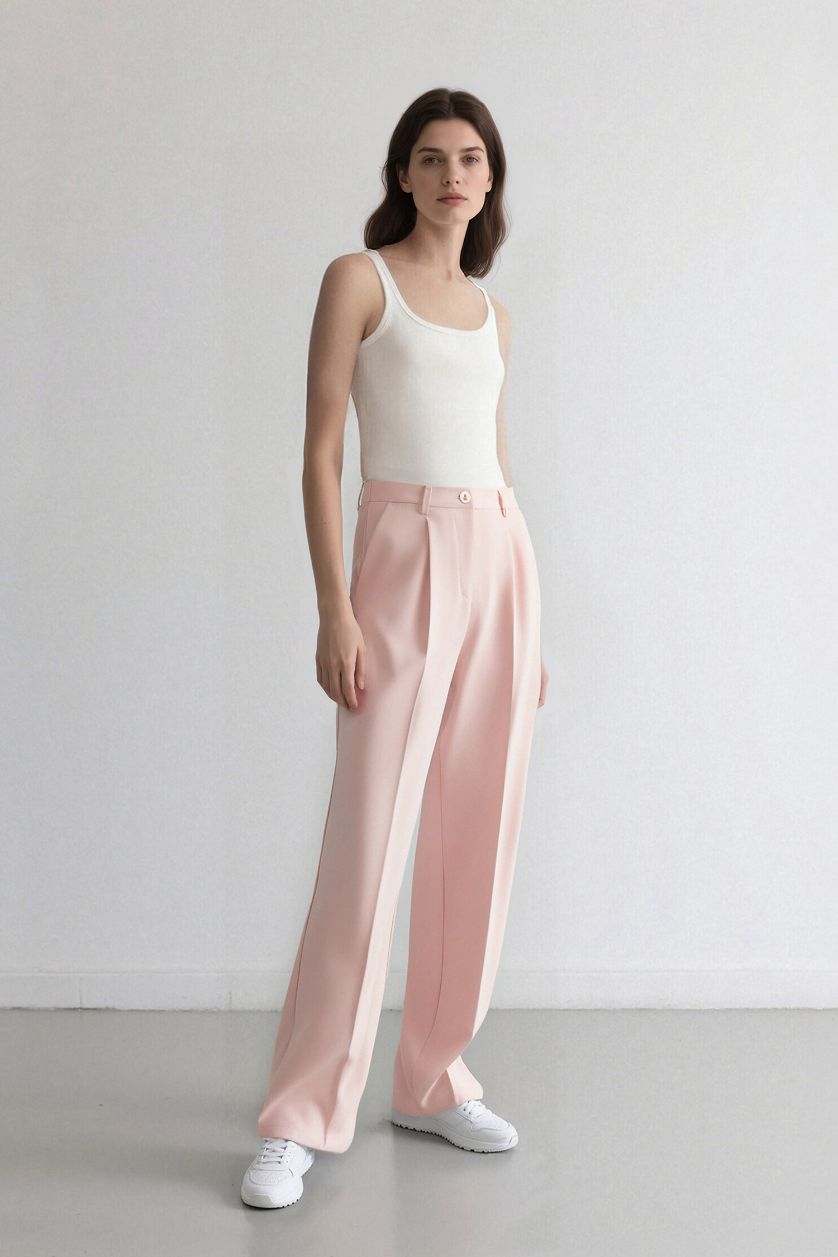 FEMME Rose Clair Pantalon palazzo large en crêpe taille haute avec poches Afra x Defacto