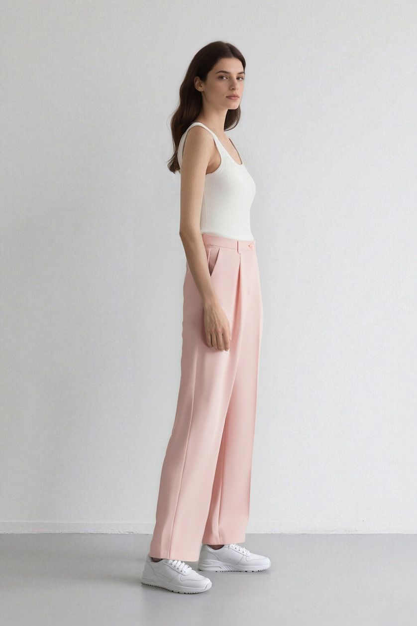 FEMME Rose Clair Pantalon palazzo large en crêpe taille haute avec poches Afra x Defacto