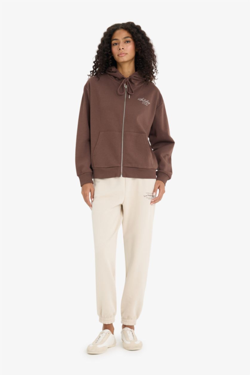 FEMME Marron Sweat à capuche oversize imprimé en tissu épais à fermeture zip