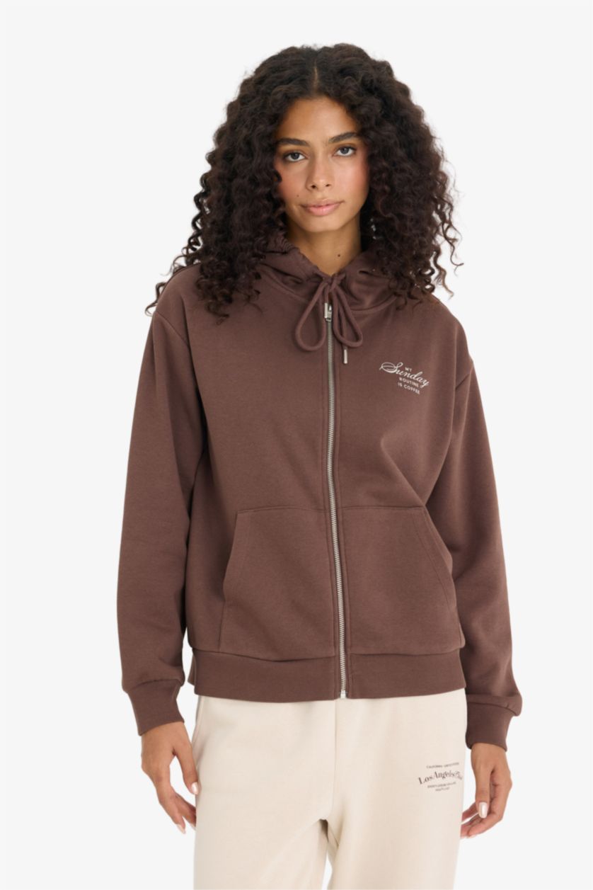 FEMME Marron Sweat à capuche oversize imprimé en tissu épais à fermeture zip