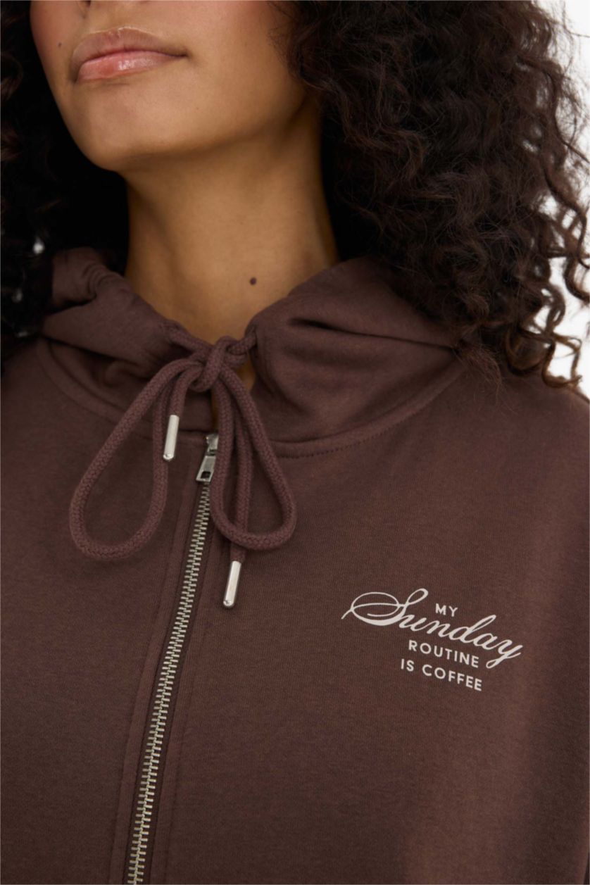 FEMME Marron Sweat à capuche oversize imprimé en tissu épais à fermeture zip