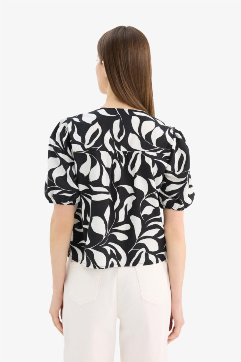 حريمي أبيض بلوزة كم طويل فلورال قصة عادية بياقة V