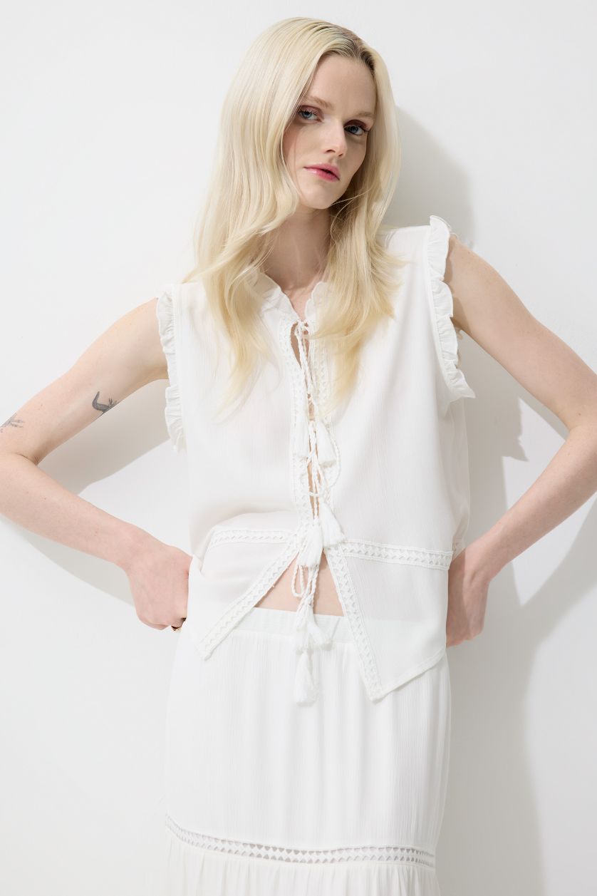 Женщины Кремовый Блузка без рукавов с круглым вырезом, кринкл вискоза, стандартный крой