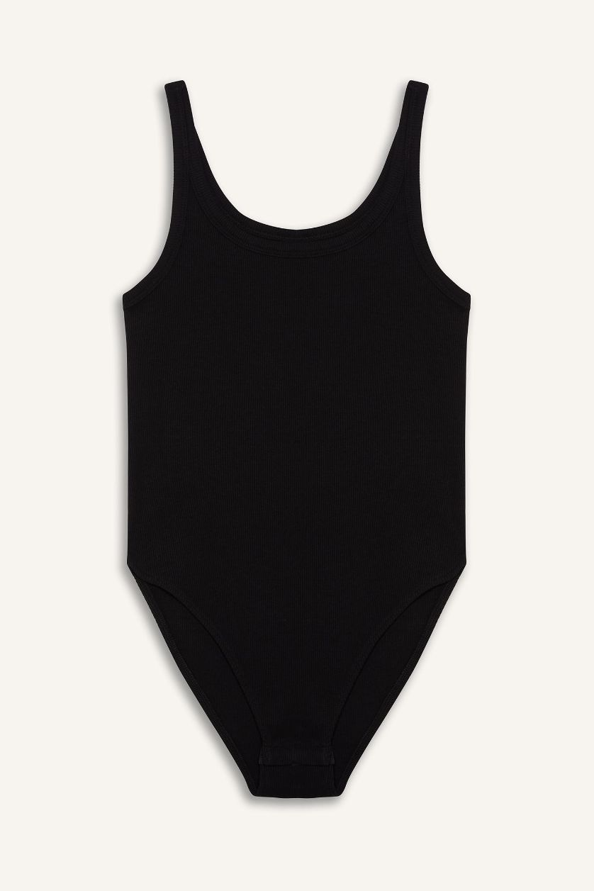 Kadın Siyah Slim Fit Dar Kesim Yuvarlak Yaka Basic Düz  Fitilli Kaşkorse Atlet