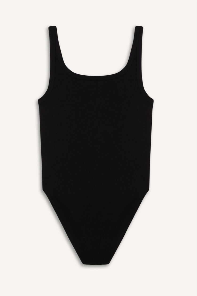 Kadın Siyah Slim Fit Dar Kesim Yuvarlak Yaka Basic Düz  Fitilli Kaşkorse Atlet