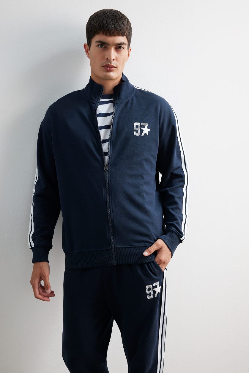 Man NAVY Boxy Fit Printed Zippered Sweatshirt