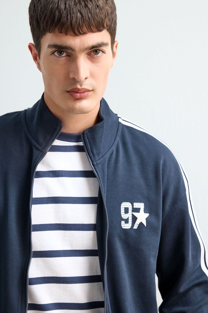Man NAVY Boxy Fit Printed Zippered Sweatshirt