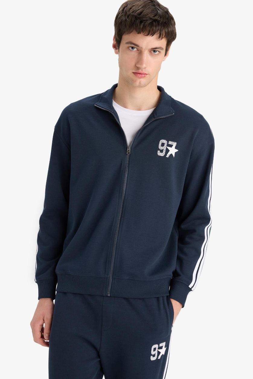 Man NAVY Boxy Fit Printed Zippered Sweatshirt