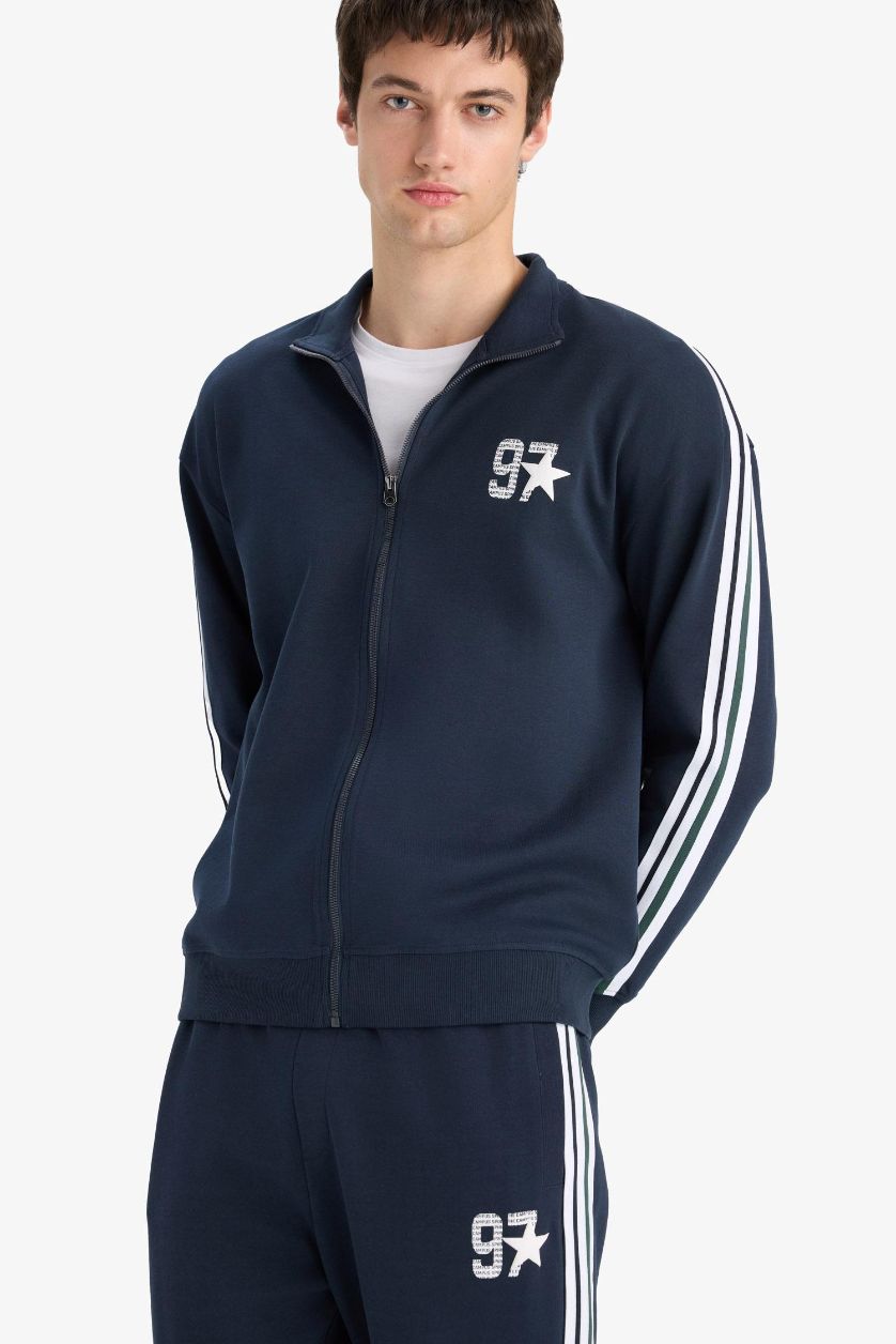 Man NAVY Boxy Fit Printed Zippered Sweatshirt