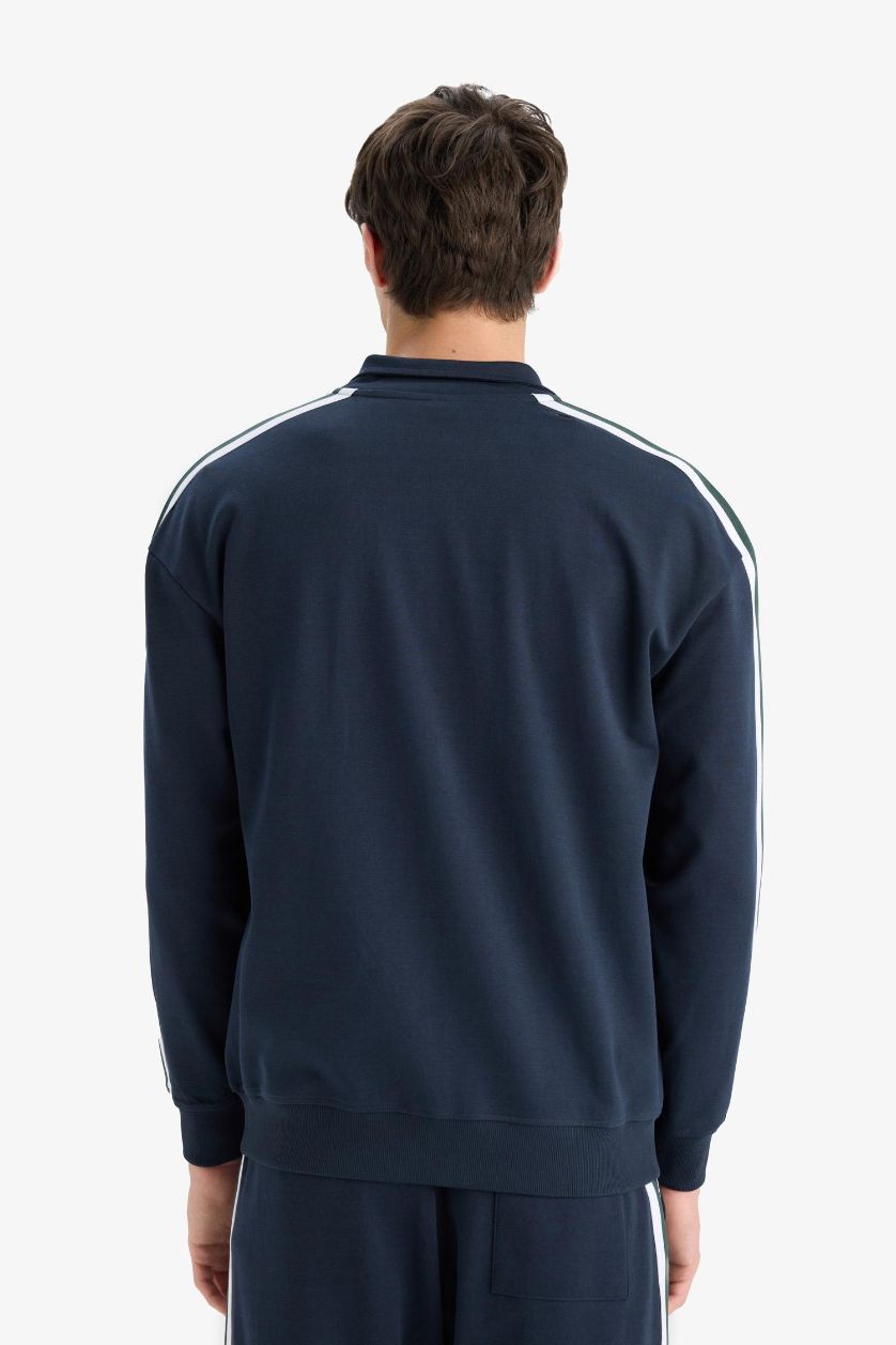 Man NAVY Boxy Fit Printed Zippered Sweatshirt