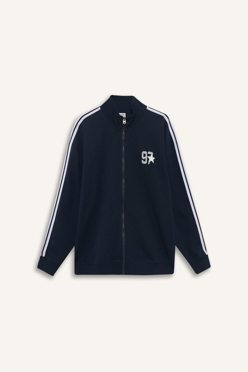 Man NAVY Boxy Fit Printed Zippered Sweatshirt