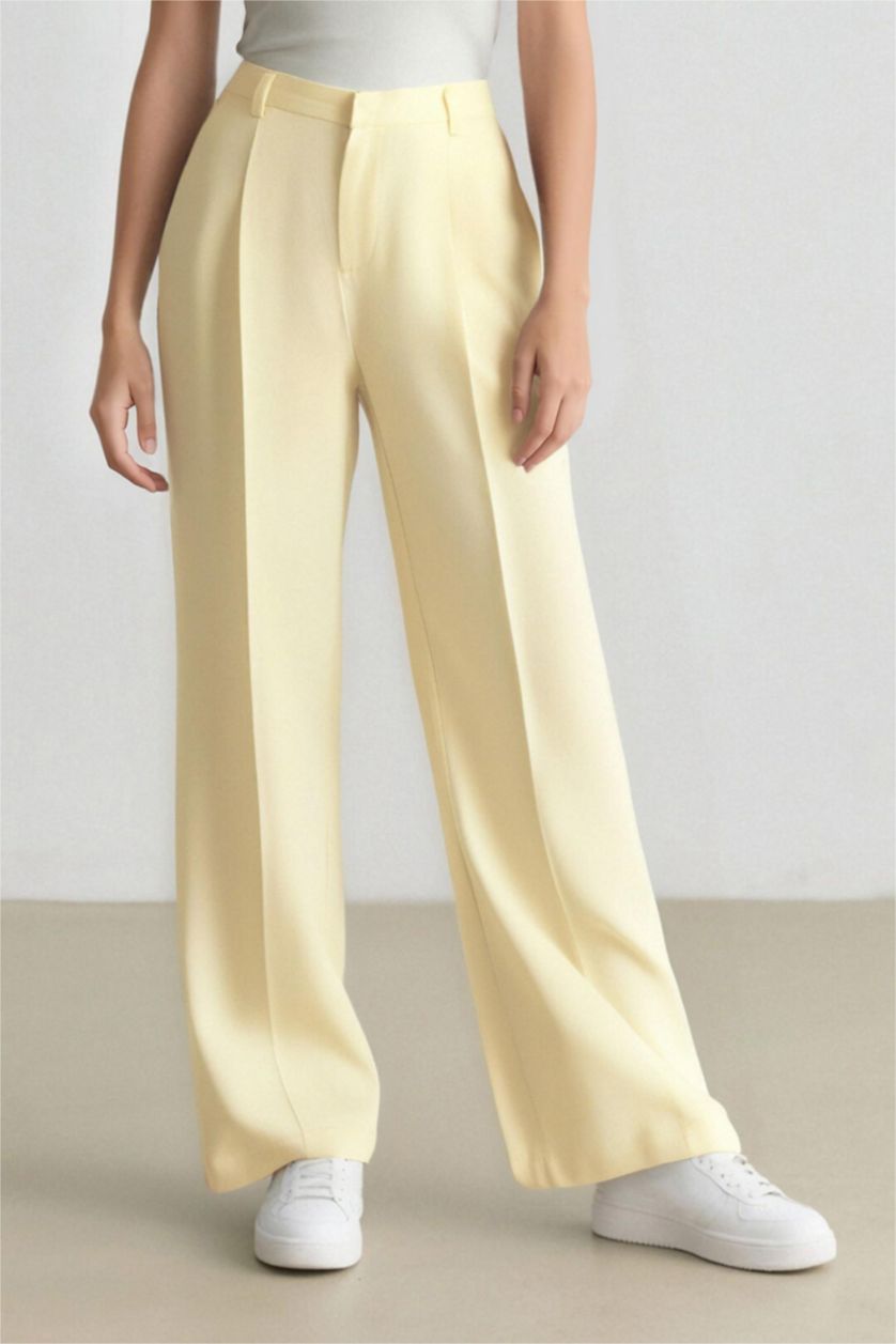 Women Light Yellow High Waist Wide Leg Trousers
