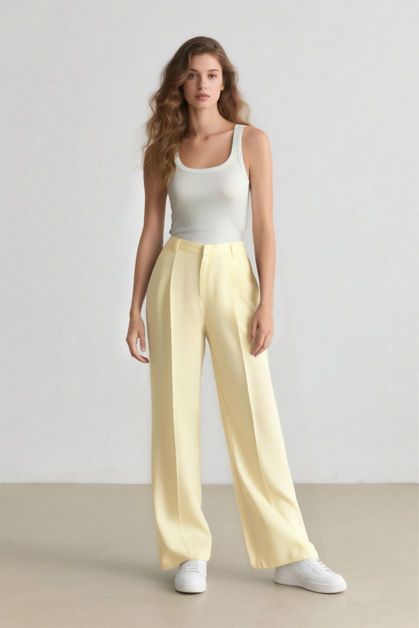 FEMME Jaune Clair Pantalon en lin droit long à taille haute