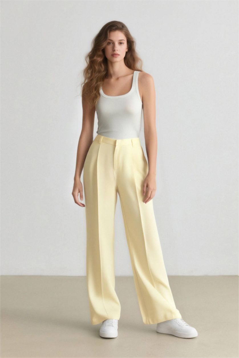 Women Light Yellow High Waist Wide Leg Trousers