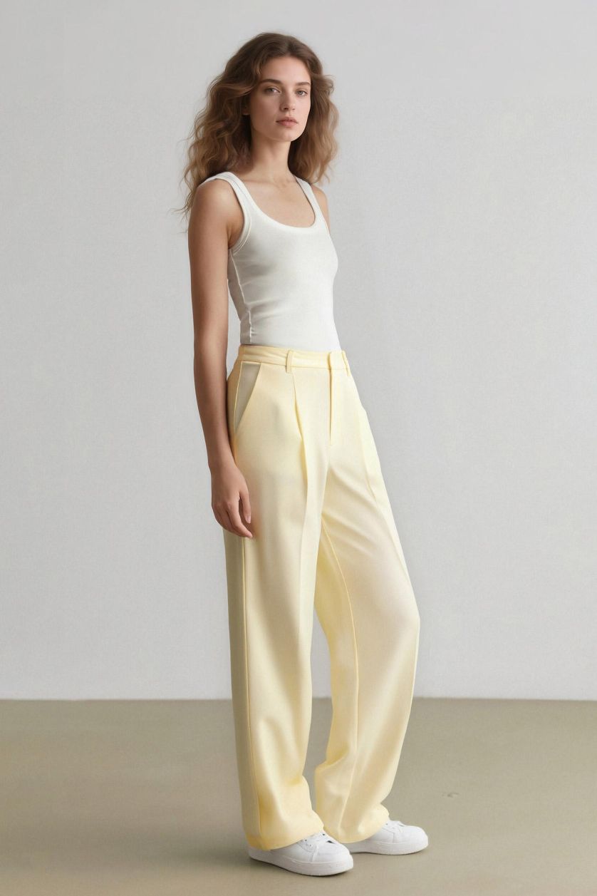 FEMME Jaune Clair Pantalon en lin droit long à taille haute