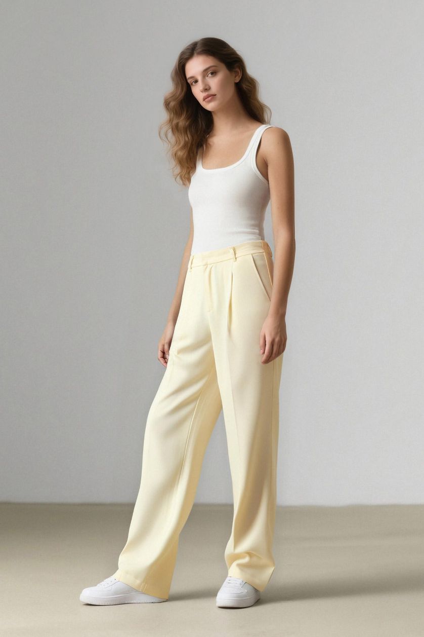FEMME Jaune Clair Pantalon en lin droit long à taille haute