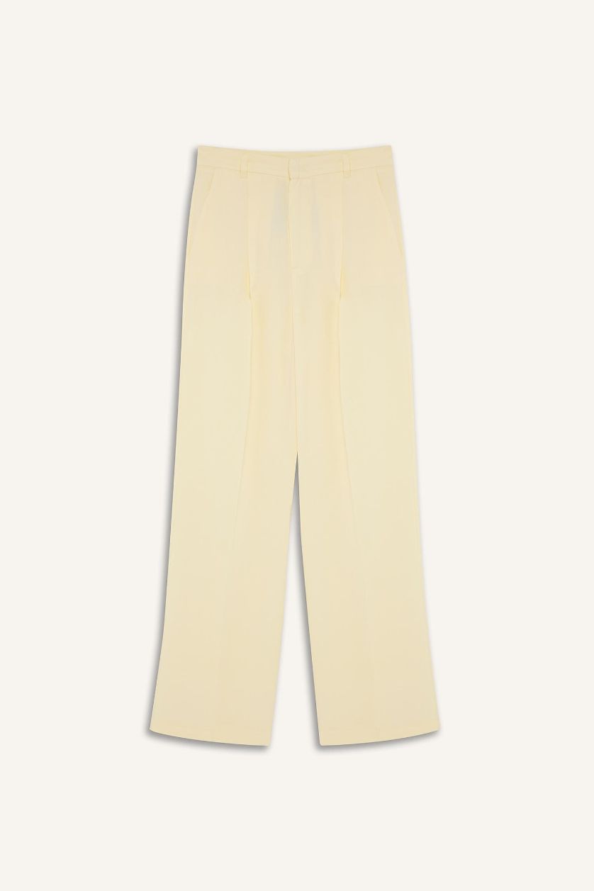 FEMME Jaune Clair Pantalon en lin droit long à taille haute