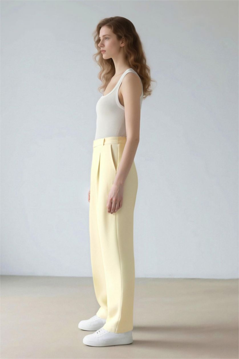 Women Light Yellow High Waist Wide Leg Trousers