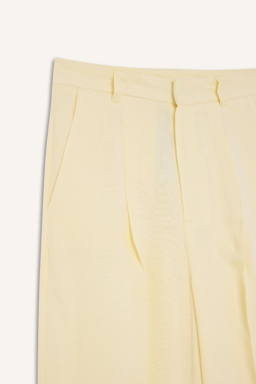 FEMME Jaune Clair Pantalon en lin droit long à taille haute