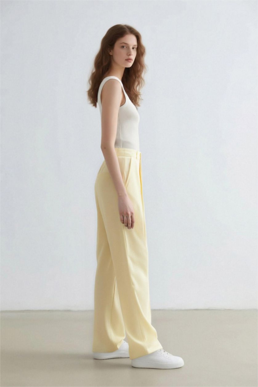 Women Light Yellow High Waist Wide Leg Trousers