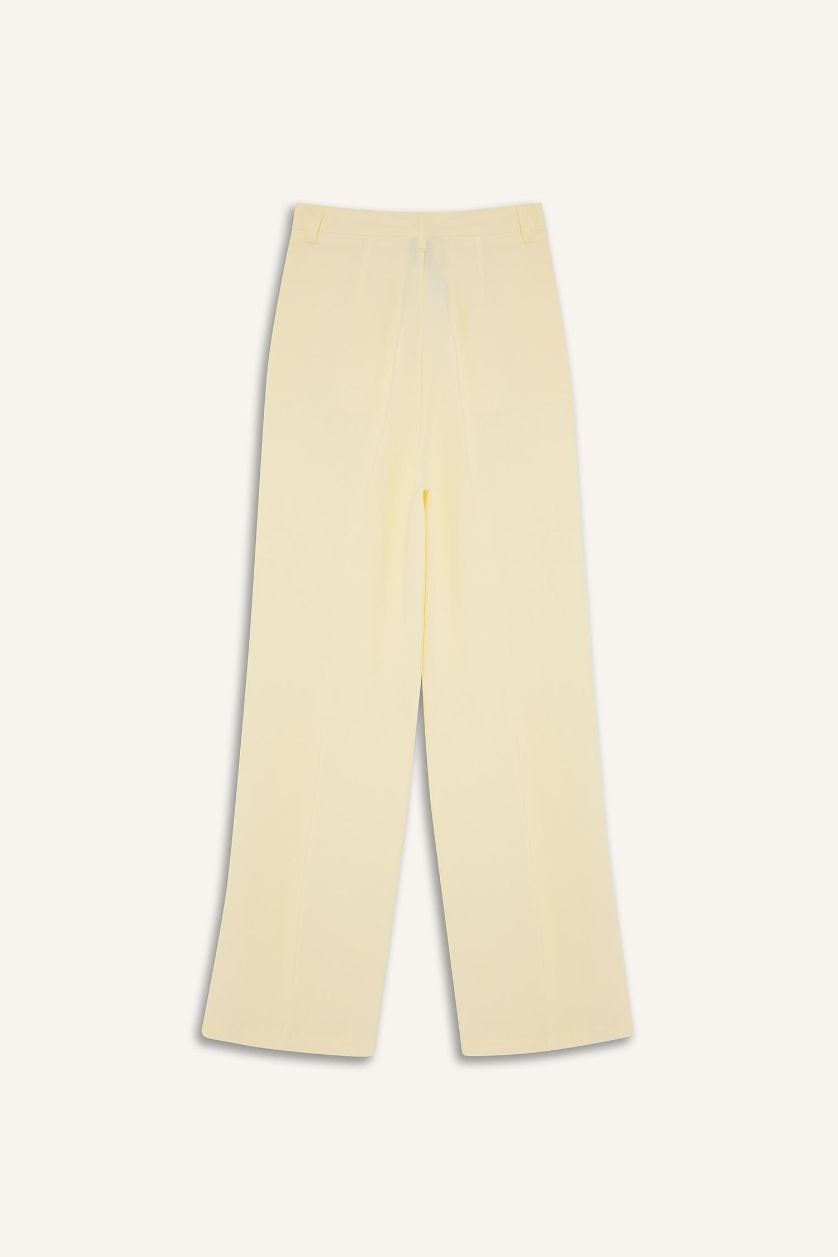 FEMME Jaune Clair Pantalon en lin droit long à taille haute